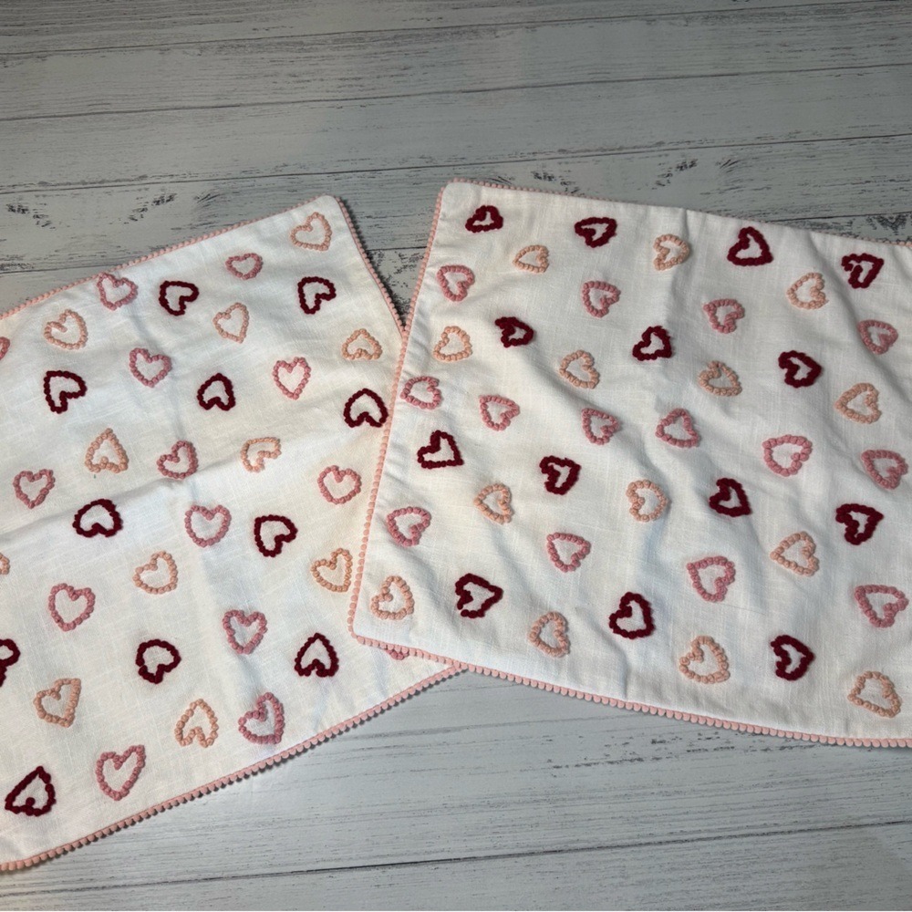 Heart Patterned White and Pink Pillowcases Romantic Style with Pom Pom Edges